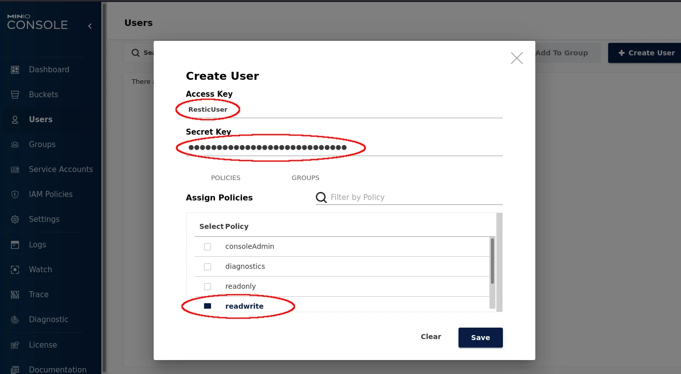 new user with secret key and RW