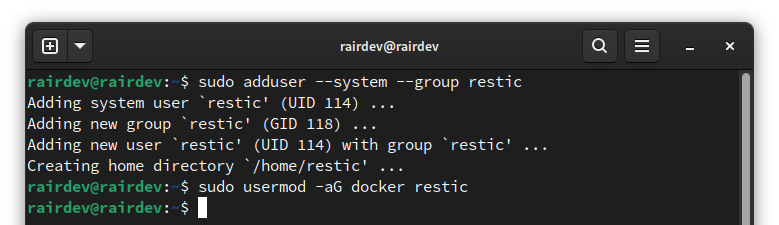 add restic system user and docker