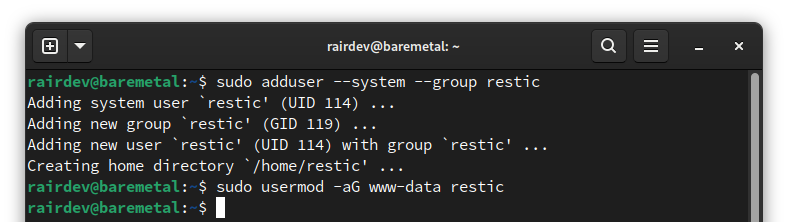 add restic system user and www-data