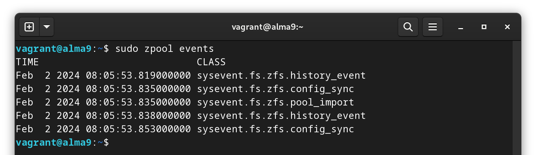 zfs events shown